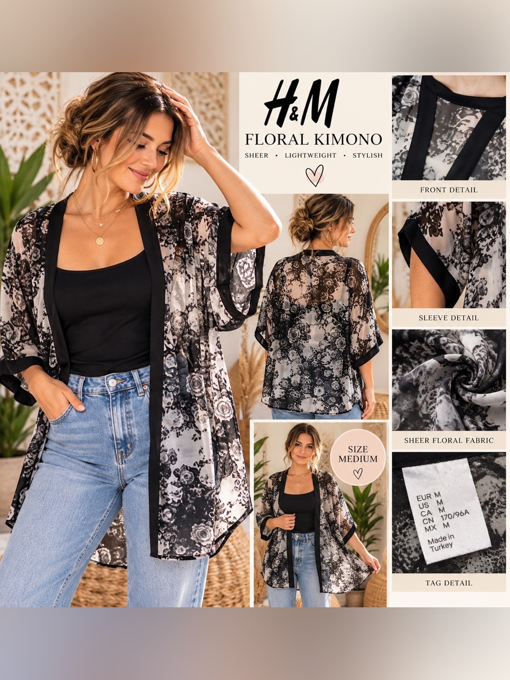 H&M Black and White floral kimono
